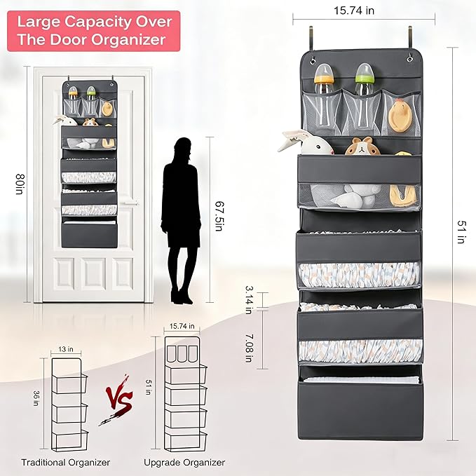 Jay-Chi Over Door Hanging Organizer Storage - 7 Large Pockets Closet Bathroom Baby Nursery Organizer Perspective Window Wall Mount Rack for Clothes Toys Sundries(Grey)