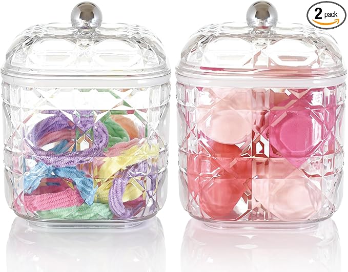 2-Pack Scrunchies Holder, 30oz Q-tip Holder, Plastic Bathroom Canisters, Elegant Vanity Storage Containers for Hair Accessories & Beauty Supplies