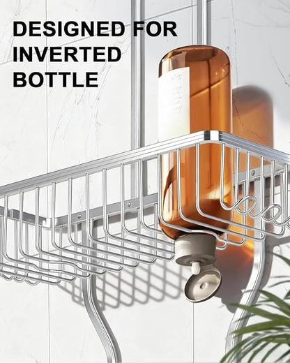 Shower Caddy Hanging - Never Rust Shower Hanging Organizer - Aluminum Over the ShowerHead Caddy with Soap Basket and 6 Hooks for Razor/Sponge (Frosted Silver)