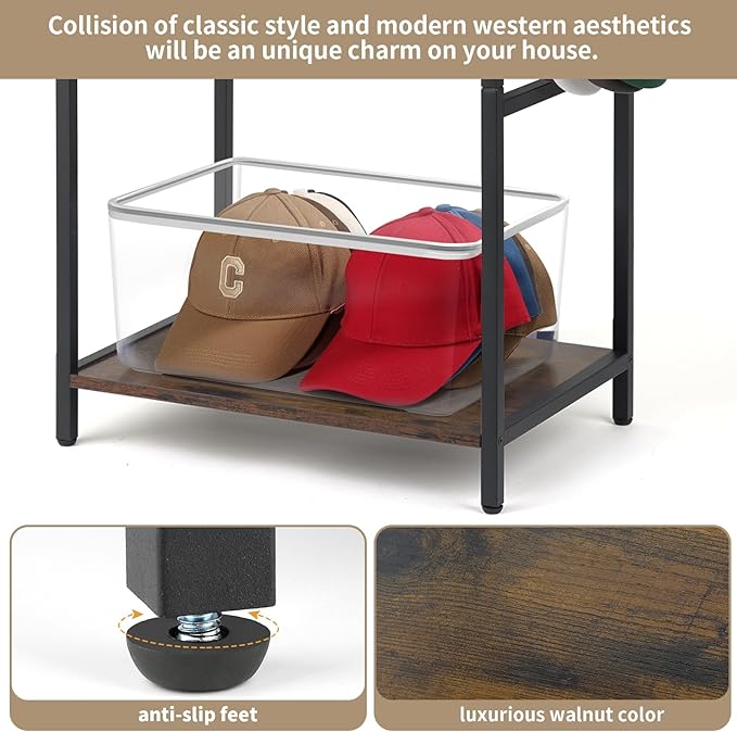 Meangood Hat Holder Stand, 5 Tier Big Capacity Hat Organzier Display Rack with Deep Pockets Remove Hooks for Storage Baseball, Cowboy, Caps Boxes, Western Rustic Brown