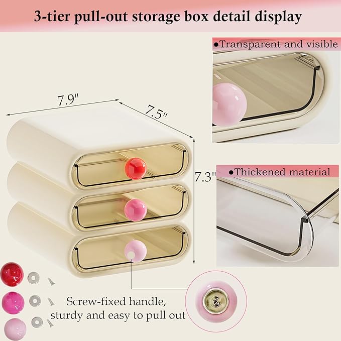 3-Tier Drawer Makeup Organizer for Vanity Small Desk - Non-Stackable Clear Front Cosmetic Storage Holder for Bathroom Counter & Office Desktop -7.9x7.5x7.3in (Cream White)