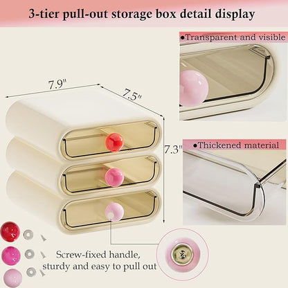 3-Tier Drawer Makeup Organizer for Vanity Small Desk - Non-Stackable Clear Front Cosmetic Storage Holder for Bathroom Counter & Office Desktop -7.9x7.5x7.3in (Cream White)
