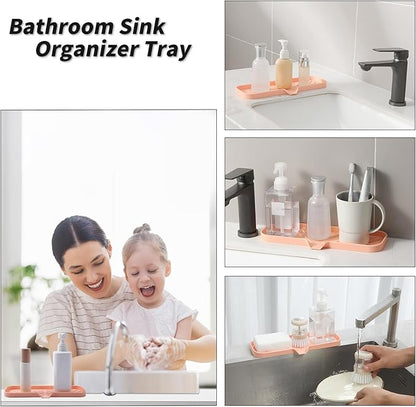 MicoYang Silicone Bathroom Soap Dishes with Drain Spout-Bathroom and Kitchen Sink Organizer,Sponge Holder,Dish Soap Tray,Perfect for Dispenser,Scrubber,Bottle,Cup on Sink or Counter-Pink 12"×4"