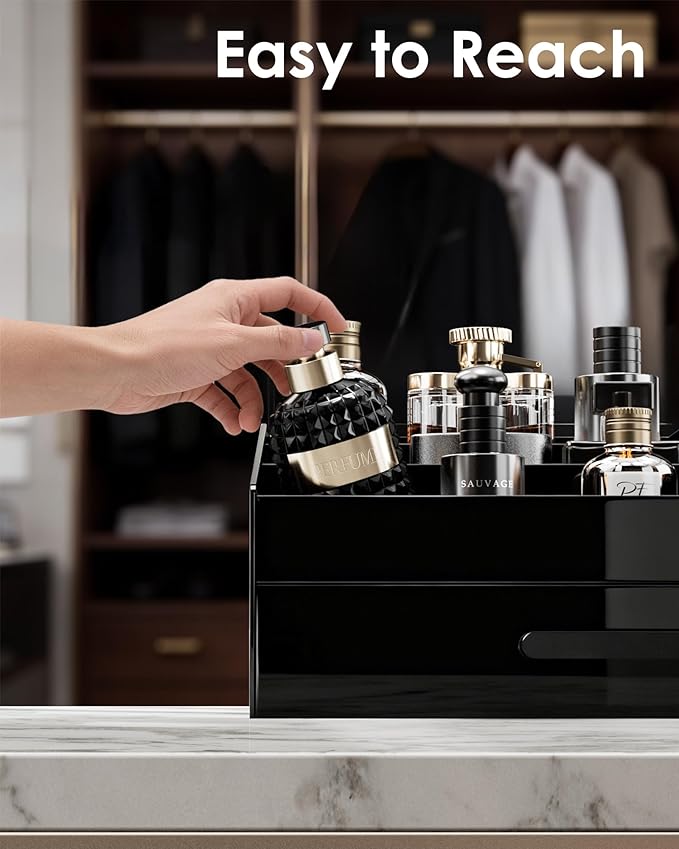 ProCase Cologne Organizer with Drawer, Acrylic Perfume Holder & Bathroom Countertop Organizer for Men & Women, Dresser Vanity Storage for Cologne, Perfume and Skincare -1 Layer
