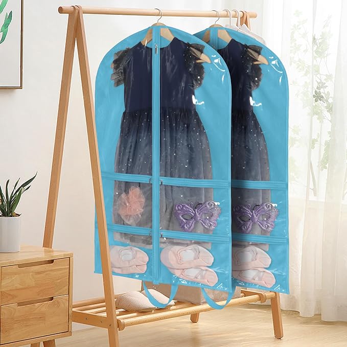 KEEGH Clear Garment Bags for Dance Costumes 40 inch Dance Garment Bags for Dancers Hanging Clothes for Closet Storage, with 4 Zipper Pockets for Dance Competitions, Ballet, Theatre, 6 Pack, Blue