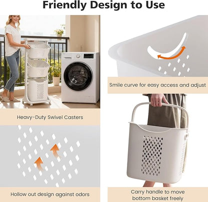 BAOKALER Rolling Laundry Hamper Cart with Wheels, 3 Tier White Laundry Baskets, Clothes Hamper with Portable Storage Baskets for Kitchens, Bathrooms, Bedrooms, Classrooms, Laundry Rooms(75L)