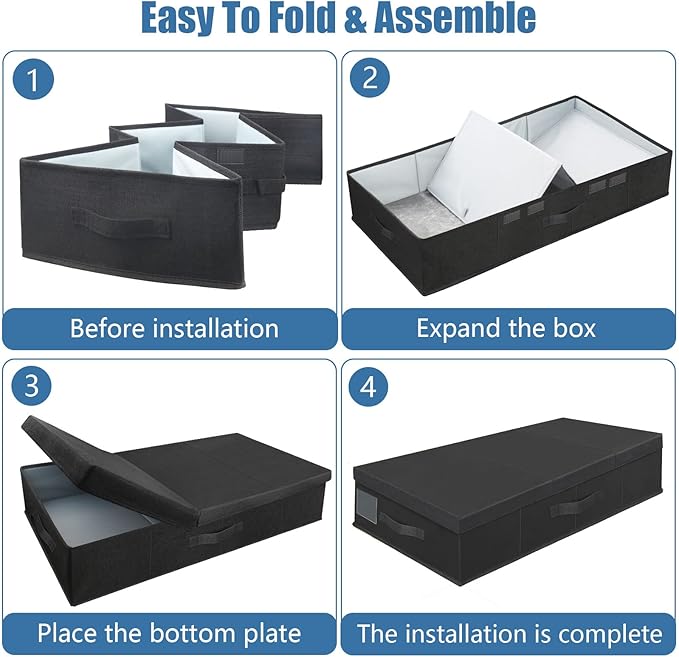 Supowin Underbed Storage Containers Bin with Lids (Set of 2) Large Under Bed Storage Organizer Box with Handle, Foldable Under the Storage Bags for Organizing Clothes, Shoes, Blankets, Pillows-Black