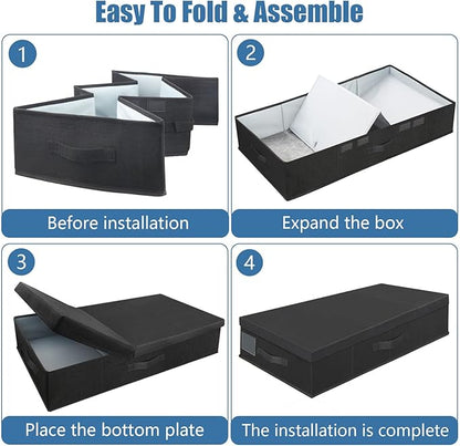 Supowin Underbed Storage Containers Bin with Lids (Set of 2) Large Under Bed Storage Organizer Box with Handle, Foldable Under the Storage Bags for Organizing Clothes, Shoes, Blankets, Pillows-Black