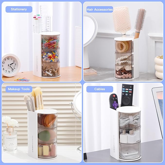 FABROK 3-Layer Clear Hair Accessories Organizer with Hair Brushes Holder, Rotatable Small Jewelry Box for Clip Earring Necklaces, Desktop Organizer Case for Cotton Swab, Accessories
