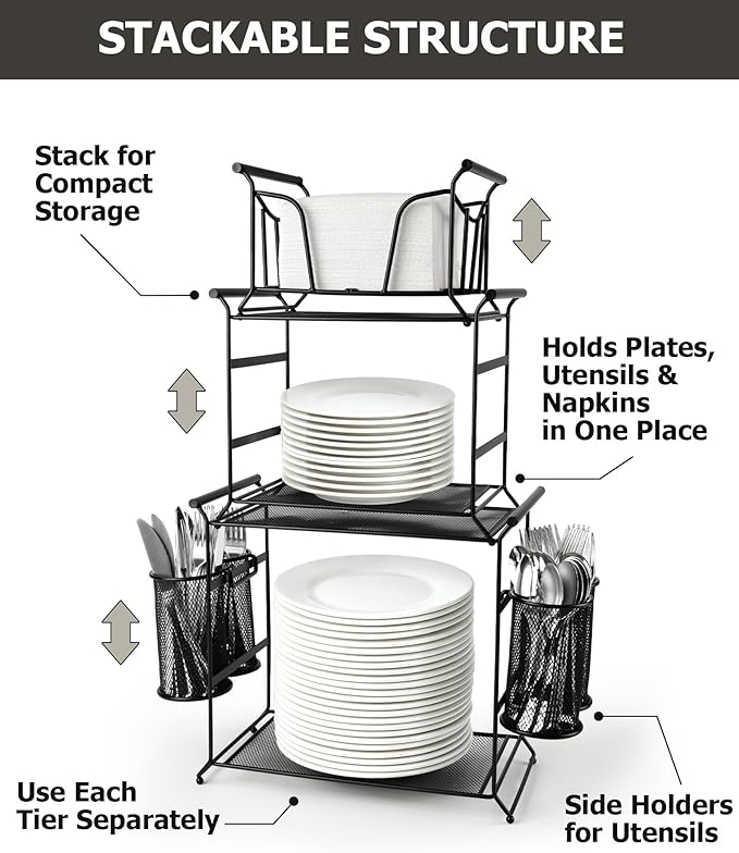 HULISEN 3-Tier Buffet Caddy, 7-Piece Set Stackable Paper Plate and Utensil Holder for Party, Detachable Mesh Silverware Organizer for Countertop, Metal Serving Station for Hosting Party Essentials