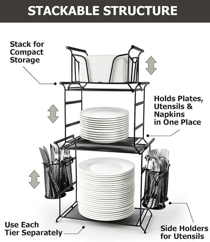 HULISEN 3-Tier Buffet Caddy, 7-Piece Set Stackable Paper Plate and Utensil Holder for Party, Detachable Mesh Silverware Organizer for Countertop, Metal Serving Station for Hosting Party Essentials