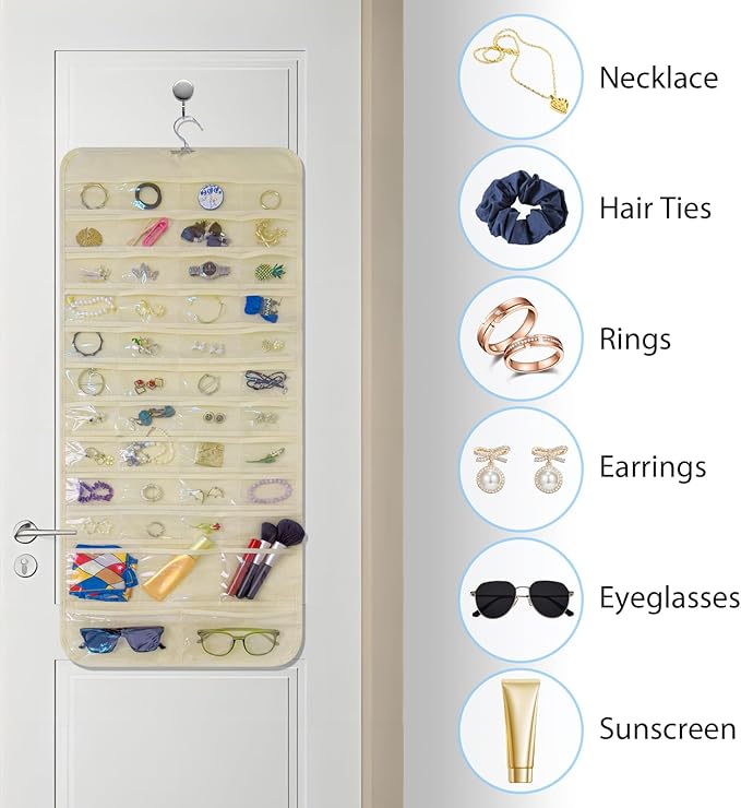 Bloss Hanging Jewelry Organizer With 90 Pockets,Earring Holder Organizer Storage For Valentine's Day Gift,Double-Sided Jewelry Holder for Earrings, Necklaces, Rings on Closet,Wall,Door(Beige)