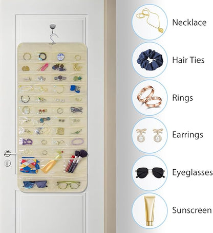 Bloss Hanging Jewelry Organizer With 90 Pockets,Earring Holder Organizer Storage For Valentine's Day Gift,Double-Sided Jewelry Holder for Earrings, Necklaces, Rings on Closet,Wall,Door(Beige)