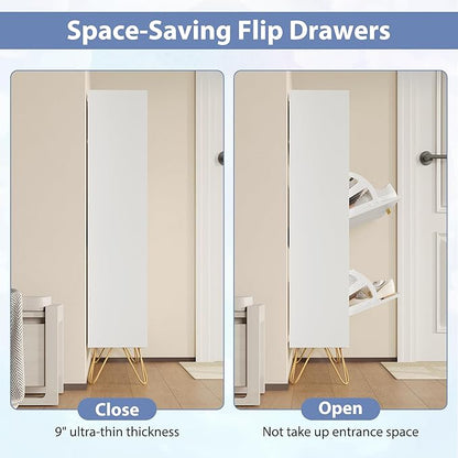 Shoe Cabinet Storage for Entryway, White Shoe Organizer with 2 Flip Drawers & Open Shelf, Hidden Large Shoe Storage Cabinet with Metal Legs, Freestanding Tipping Bucket Shoe Cabiet