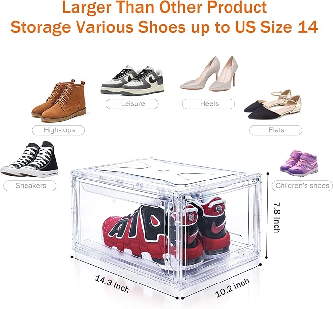 6 Pack Shoe Boxes Clear Stackable, Large Shoe Storage Boxes, Space Saving Acrylic Shoe Boxes, Foldable Shoe Container Boxes that Fits Up to Size 14 Shoes (10 Pack Transparent)