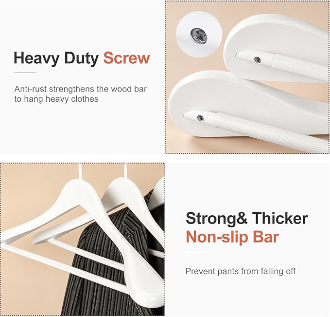 TOPIA HANGER White Wooden Coat Hanger 6 Pack, Wood Suit Hangers,Glossy Finish with Extra-Wide Shoulder, Thicker White Hooks & Anti-Slip Bar,Suitable for Coat, Suit,Dress,Jacket,Heavy Cloth - CT02W