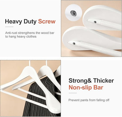 TOPIA HANGER White Wooden Coat Hanger 6 Pack, Wood Suit Hangers,Glossy Finish with Extra-Wide Shoulder, Thicker White Hooks & Anti-Slip Bar,Suitable for Coat, Suit,Dress,Jacket,Heavy Cloth - CT02W