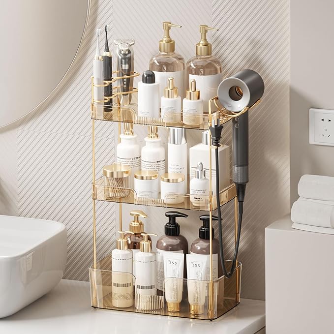 Bathroom Counter Organizer for Vanity, Makeup Organizer Countertop with Holder, Large Capacity Storage Rack, Perfect Large Skincare, Hair Care, Perfume, Easy to Install (Gold, 3Tiers)