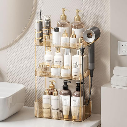 Bathroom Counter Organizer for Vanity, Makeup Organizer Countertop with Holder, Large Capacity Storage Rack, Perfect Large Skincare, Hair Care, Perfume, Easy to Install (Gold, 3Tiers)