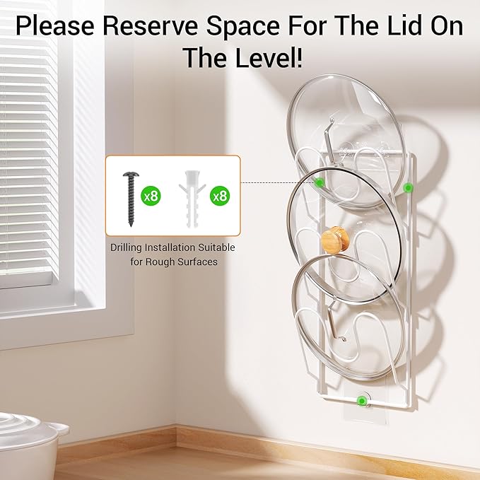 2 Pack Pot Lid Organizer Rack for Cabinet Door/Wall, 6-Tier Pot Lid Holders inside Cabinet Door, No Drilling Adhesive Wall/Door Mounted Rustproof Pots and Pans Lid Organizers for Kitchen Storage White