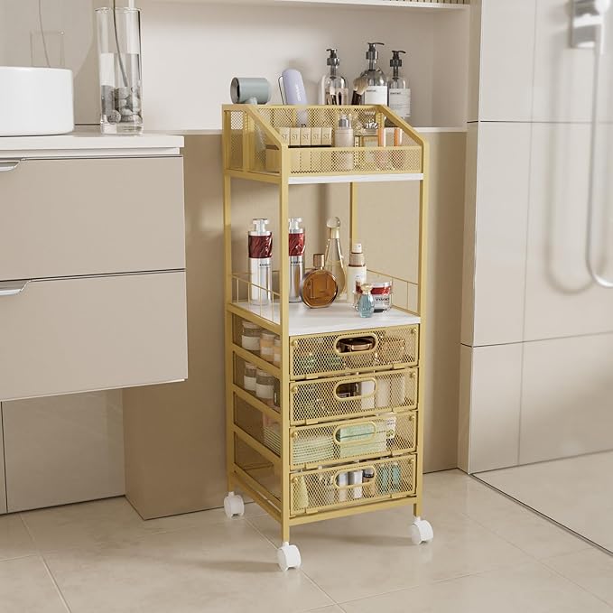 HapiRm Makeup Organizer Storage Cart - Floor Skincare Make Up Storage with 4 Drawers, Rolling Makeup Cart Vanity Organizer Cosmetics Display Cases Holder for Skin Care Perfume Nail Polish, Gold