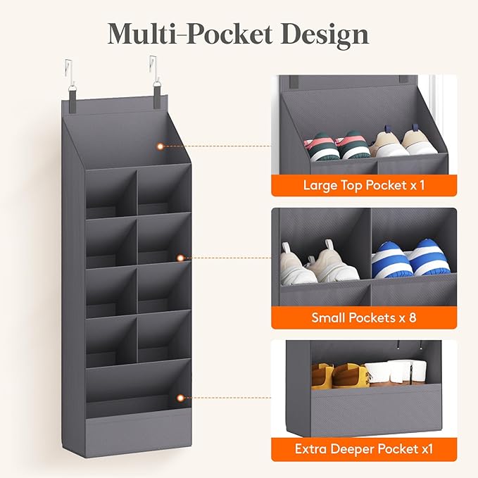 Lifewit 6 Tier Over the Door Shoe Organizer with 11 Large Deep Pockets, Fabric Hanging Shoes Shelf for Closet, Dorm Storage, Fit Up to 12 Pair Shoe Rack Holder for Sneakers, Boots, Gray