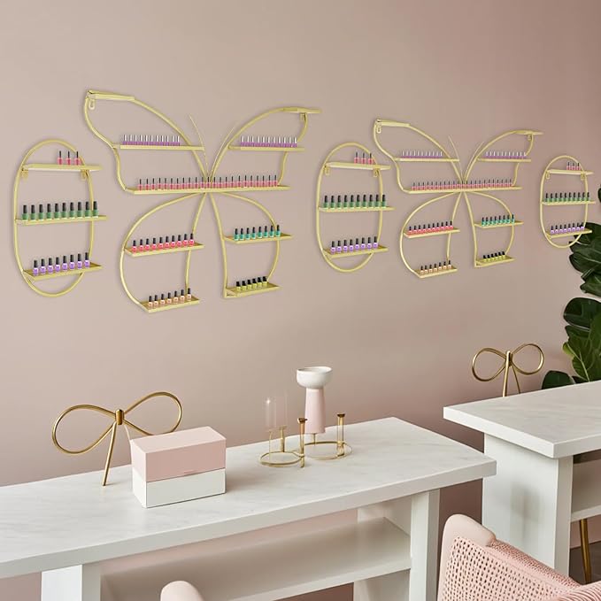 Butterfly Wall-Mounted Nail Polish Rack Set of 5-11LBs/Rack Capacity, Adjustable Cosmetic Display for Salon & Home Spa (Gold)