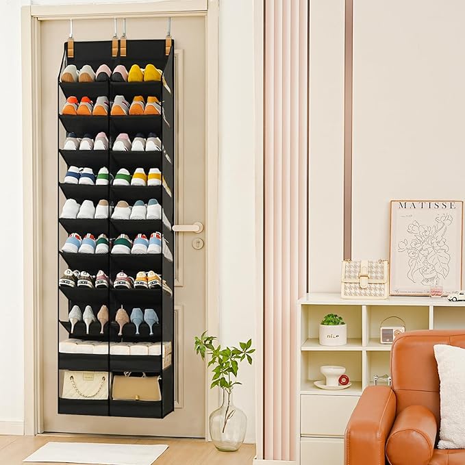 20-30 Pairs Over the Door Shoe Organizer,Side Clear Hanging Shoe Organizer,10-Tier Shoe Storage with 2 Flat Storage Layers,Door Shoe Organizer Fit All the Family’s Sneakers, Boots, Heels,Black