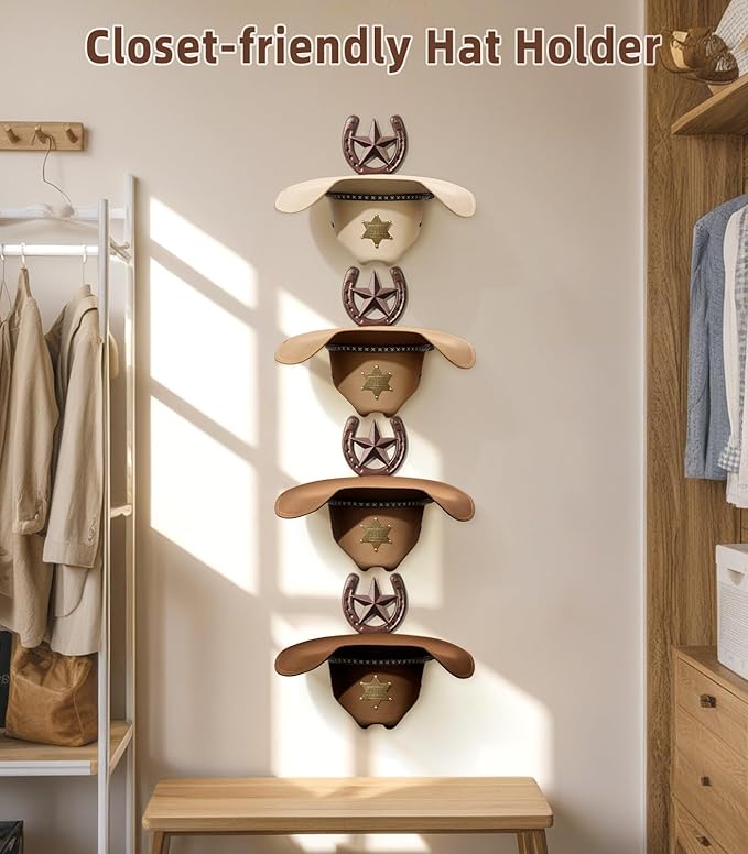 Cowboy Hat Holder Wall Mount, Metal Western Hat Rack for Wall, 4 Pack Cowboy Hat Hanger for Wide Brim Hats Fedora, Rustic Horseshoe Organizer for Closet Entryway Horse Trailer, Western Decor, Bronze