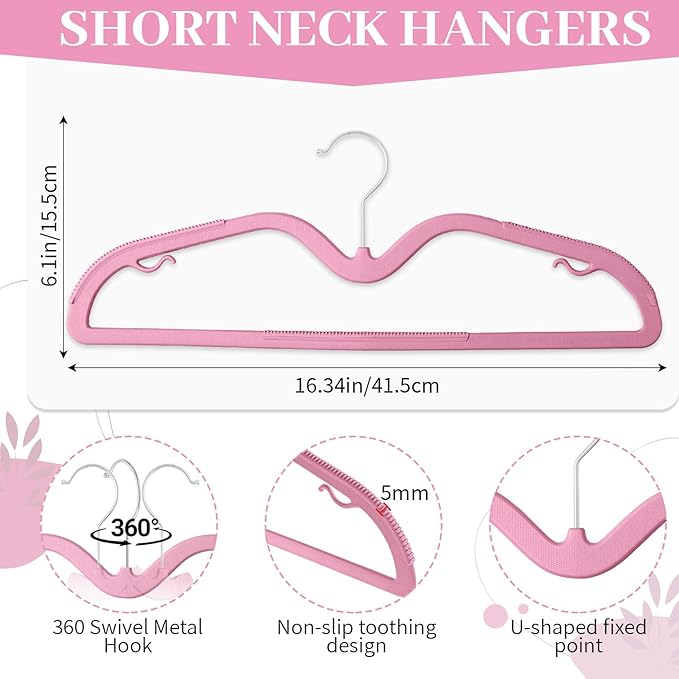 LemonRoad 50 Pack Short Neck Hangers, Upgraded Non-Slip Plastic Hangers Lifts Clothes 3" Higher, Space Saving 360 Swivel Hook for Closet Organizer, Shirts Jackets Dresses, Smooth (Rose Pink)