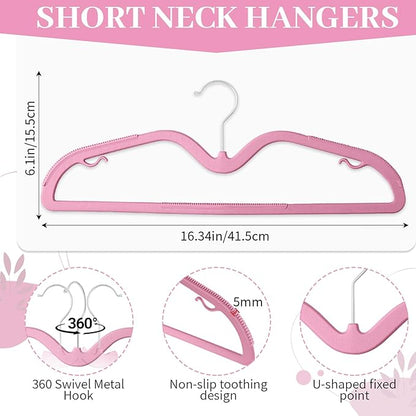 LemonRoad 50 Pack Short Neck Hangers, Upgraded Non-Slip Plastic Hangers Lifts Clothes 3" Higher, Space Saving 360 Swivel Hook for Closet Organizer, Shirts Jackets Dresses, Smooth (Rose Pink)