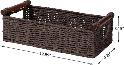 CubesLand Small Wicker Toilet Basket Tray Organizer W/Cut Out Handle, Handwoven Slim Decorative Basket for Countertop, Shelves And for Rustic Home Decor, Living Room, Nursery Organization, Brown