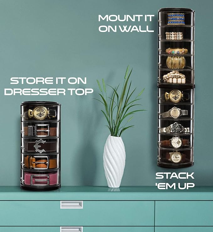 ELYPRO - Acrylic Belt Organizer, Rotating Drawer Storage for Belts, Jewelry, Makeup & Accessories – Transparent, Stackable, Wall-Mountable Design for Closet, Dresser, Vanity – Design Patent Protected