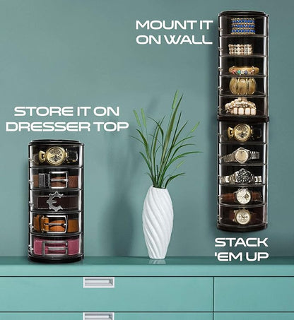 ELYPRO - Acrylic Belt Organizer, Rotating Drawer Storage for Belts, Jewelry, Makeup & Accessories – Transparent, Stackable, Wall-Mountable Design for Closet, Dresser, Vanity – Design Patent Protected