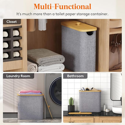 Lifewit Toilet Paper Storage Holder for 12 to 16 Rolls, Free Standing Toilet Paper Basket Stand with Bamboo Lid, Collapsible Fabric Bathroom Organizer Box for Mega Rolls, 30L, Extra Large, Light Gray
