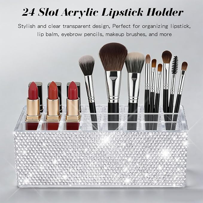 Bling Acrylic Lip Gloss Organizer for Tall Lip Gloss Lipstick Products,Glitter Beauty Makeup Holder 24 Space Organization Container Sparkle Storage Display Case