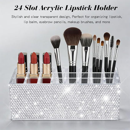 Bling Acrylic Lip Gloss Organizer for Tall Lip Gloss Lipstick Products,Glitter Beauty Makeup Holder 24 Space Organization Container Sparkle Storage Display Case