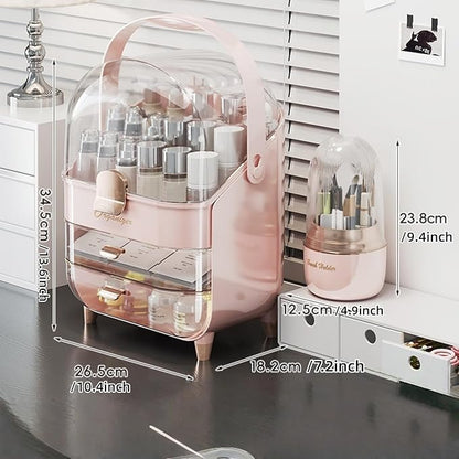 Makeup Organizer, Skincare Organizers with Clear Lid & 2 Drawers and 360° Rotating Brush Holder