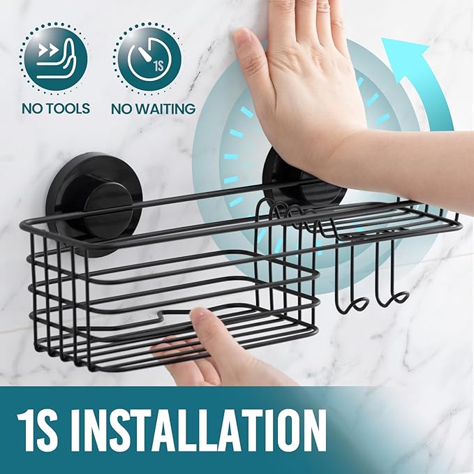 TAILI Shower Caddy Suction Cup, 3 Pack Shelves for Inside with Hooks & Soap Holder Toothbrush Cups, Removable Bathroom Organizer, Rustproof Black Shelves