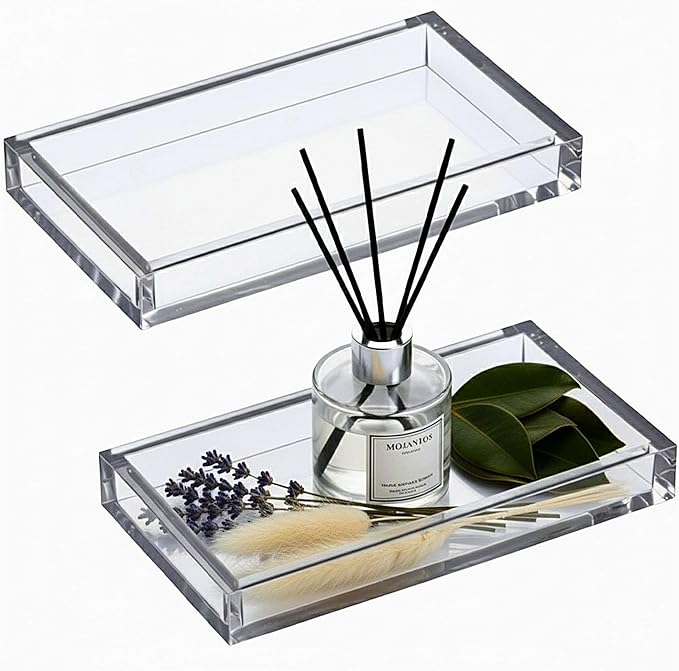 Amazing Abby - Selena - 2-Pack Acrylic Vanity Tray (9.5"x5.5"), 9mm Thick Acrylic, Plastic Bathroom Countertop Organizer, Clear Decorative Dish, Great for Vanity, Nightstand, Entryway, and Home Decor