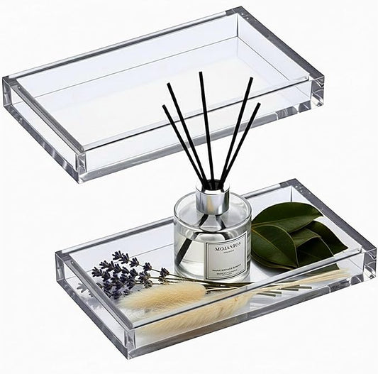 Amazing Abby - Selena - 2-Pack Acrylic Vanity Tray (9.5"x5.5"), 9mm Thick Acrylic, Plastic Bathroom Countertop Organizer, Clear Decorative Dish, Great for Vanity, Nightstand, Entryway, and Home Decor