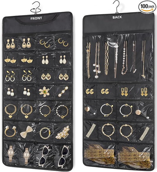 FOREGOER Hanging Jewelry Organizer Double Sided 43 Pockets Large Necklace Earring Accessory Holder Organizer(Black)