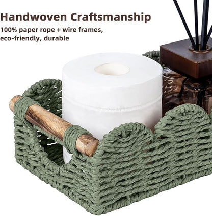 CubesLand Bathroom Basket Organizer w/Cut Out Handle, Back of Toilet Paper Storage Baskets for Bathroom Countertop Decorative, Small Scalloped Wicker Basket Also for Home Decor, Living Room, Green