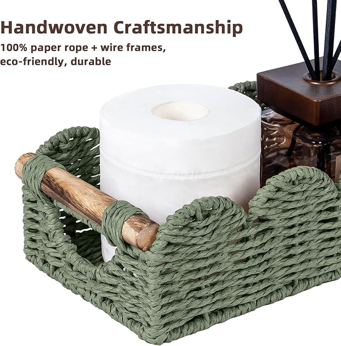 CubesLand Bathroom Basket Organizer w/Cut Out Handle, Back of Toilet Paper Storage Baskets Tray for Bathroom Countertop Decorative, Scalloped Wicker Basket Also for Home Decor, Living Room, Green