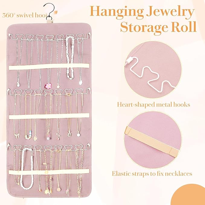 Hanging Jewelry Organizer Storage Roll with Hanger Metal Hooks Double-Sided Jewelry Holder for Earrings, Necklaces, Rings on Closet, Wall, Door,Large 14.17' x 33.07'',pink