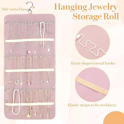 Hanging Jewelry Organizer Storage Roll with Hanger Metal Hooks Double-Sided Jewelry Holder for Earrings, Necklaces, Rings on Closet, Wall, Door,Large 14.17' x 33.07'',pink