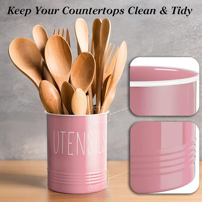 Bivvclaz Kitchen Utensil Holder - 6.7" Utensil Holder for Kitchen Counter - Cooking Utensil Crock with Cork Bottom - Pink Decor and Accessories - Utensil Storage Caddy Organizer