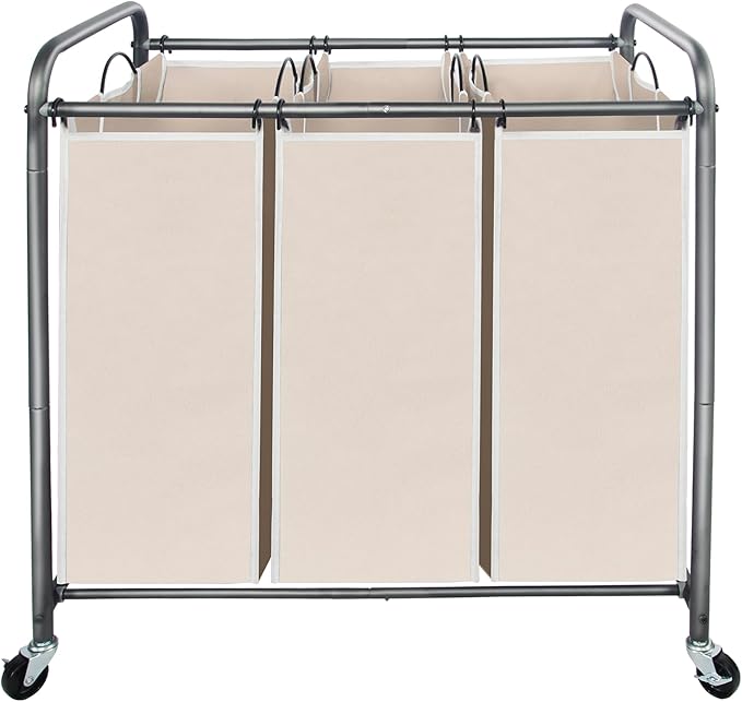 STO STO Laundry Sorter 3 Section, 3 Bag Clothes Hamper, Rolling Laundry Cart Basket with Heavy Duty Lockable Wheels and Removable Bag for Laundry Room, Bedroom, Closet, Beige