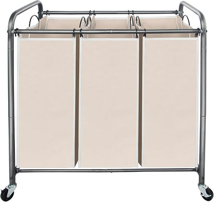 STO STO Laundry Sorter 3 Section, 3 Bag Clothes Hamper, Rolling Laundry Cart Basket with Heavy Duty Lockable Wheels and Removable Bag for Laundry Room, Bedroom, Closet, Beige