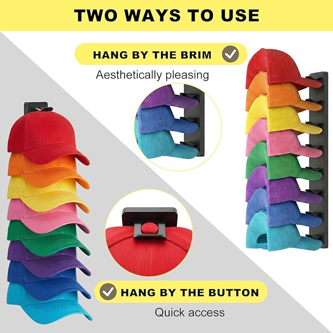 2 Pack MultiLayer Hat Organizer for Baseball Caps, Holds 16 Hats, Hat Hook for Wall, Dual Mount (Adhesive/Screws), Space Saving Cap Organizer for Walls & Doors